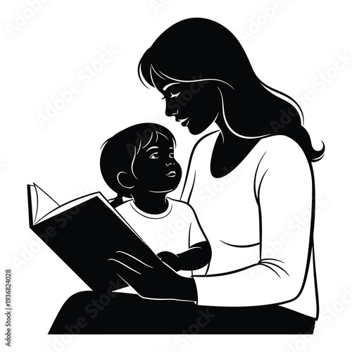 Mother reading a book to her young child together isolated on white background