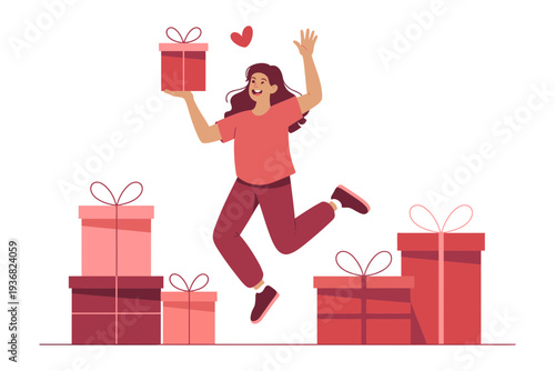 A happy woman jumping with gifts in a festive atmosphere