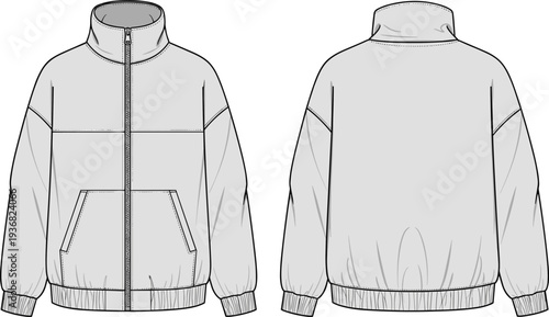 Oversized Zip Up Bomber Jacket Technical Flat Sketch, Front and Back View, Unisex Windbreaker Outerwear CAD Drawing, Vector Apparel Illustration