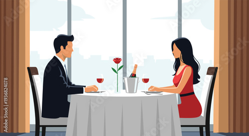 Elegant couple sharing a romantic dinner date with champagne and a red rose at a table with a beautiful city skyline view in the background.