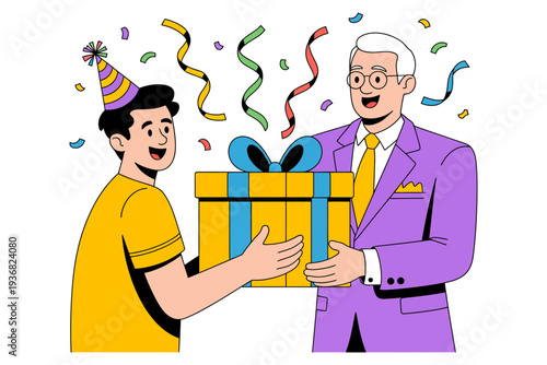 A man in a yellow shirt giving a gift to an older man in a purple suit