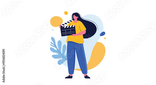 Creative woman filmmaker holding a movie clapperboard while standing against a colorful abstract background representing cinema production.