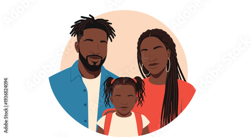 Beautiful family portrait of a black father mother and young daughter with school backpack smiling warmly within a circular frame design.