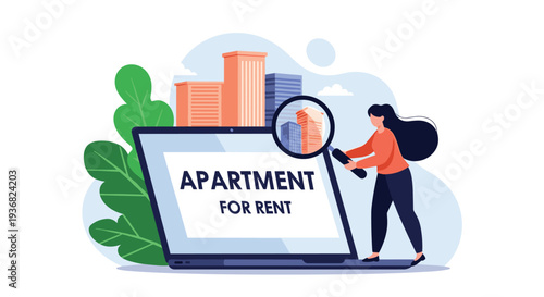 Conceptual illustration of a woman looking through a magnifying glass at city buildings on a laptop with the text Apartment for Rent.