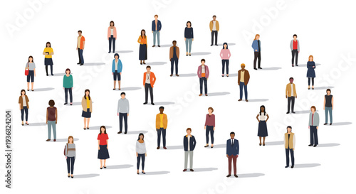 Diverse group of people of various ages and ethnicities standing together in an organized formation against a plain white background.
