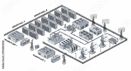 Isometric illustration of a data center with various server racks and networking equipment.