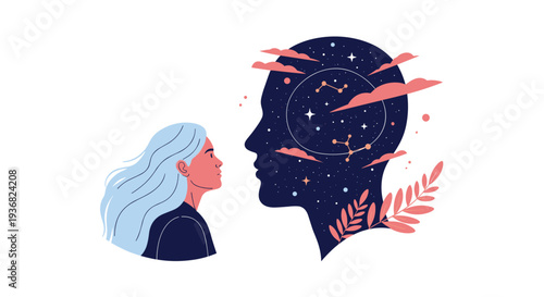 Profile of a woman facing a larger human head silhouette filled with a starry night sky and constellations depicting imagination and mind.