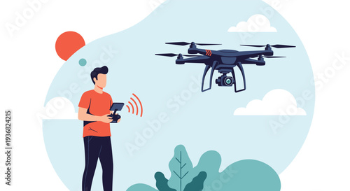 Young man using a remote control to navigate a black quadcopter drone in a bright blue sky with fluffy clouds and a large orange sun.