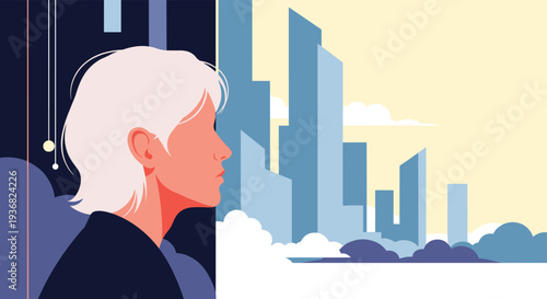 Profile of a woman with white hair looking out at a modern futuristic cityscape with tall blue buildings under a pale yellow morning sky.