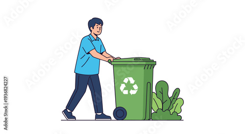 Young man in a blue polo shirt and dark pants actively pushing a large green recycling wheelie bin outdoors near some green bushes.