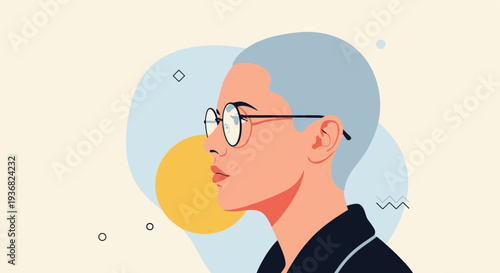 Close up profile view of a stylish person with short blonde hair wearing round glasses against an abstract geometric background with shapes.