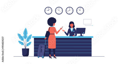 African American woman traveler checking in at a hotel reception desk with a female receptionist assisting her in a modern lobby.