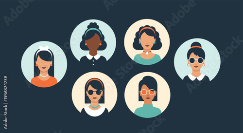 Selection of six diverse female avatars with various hairstyles and accessories shown in circular frames against a dark blue background.