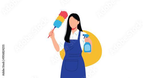 Professional female cleaner in a blue apron holding a colorful feather duster and a blue spray bottle of cleaning fluid against white space.