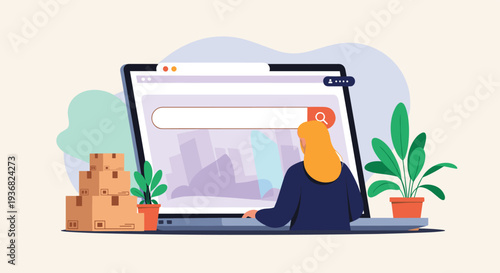 Woman with long orange hair seen from behind using a search engine on a giant laptop screen surrounded by potted plants and cardboard boxes.