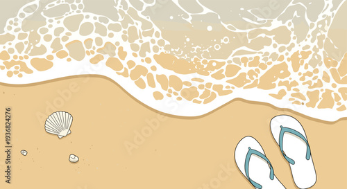 High angle view of a sandy beach shore with gentle waves, a white seashell, and a pair of white and blue flip flops resting in the sand.