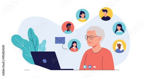 Elderly man with white hair and glasses using a laptop to video chat with a group of diverse people shown in small circular screen windows.