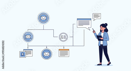 Professional woman using a digital tablet and pointing at a complex flowchart with email and communication icons on a light blue background.