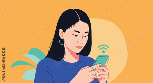 Young Asian woman with long black hair intently using her green smartphone with a floating Wi-Fi signal icon above it against a warm backdrop.