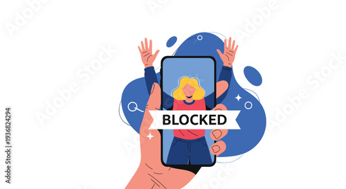 Hand holding a smartphone displaying a woman character and a white banner with the word blocked written across it in bold black letters.