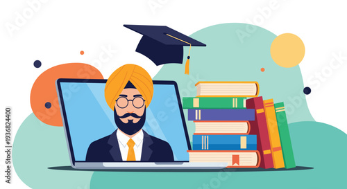 Man with a turban appears on a laptop screen for an online graduation or educational course surrounded by books and a mortarboard.