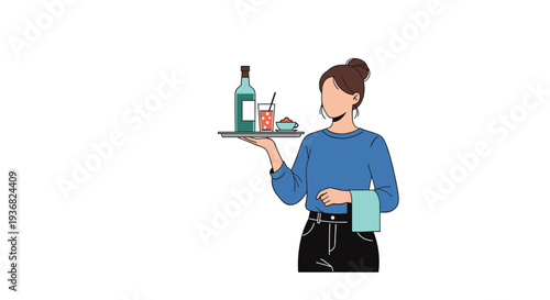 Professional female server in a blue shirt and black pants carries a tray with a glass, a bottle, and a small dish for service.