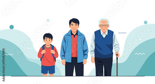 Three generations of male family members including a young boy with a backpack, a middle-aged father, and an elderly grandfather.
