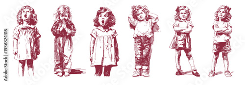 Little girls facial expressions emotions character poses illustration. Kids showing surprise, sadness, anger gestures. Classic hand drawn line art sketch style for psychology education materials.