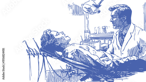 Dentist consulting patient in dental clinic chair treatment. Blue pencil sketch style. Vector line illustration for dentistry care, examination, medical posters and healthcare advertising.