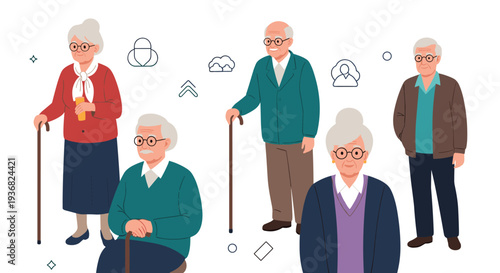 Group of diverse senior citizens standing together with walking sticks representing an active and social elderly community.