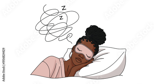 Black woman sleeps peacefully in bed wearing a pink eye mask while a thought bubble above her head shows chaotic swirling lines.