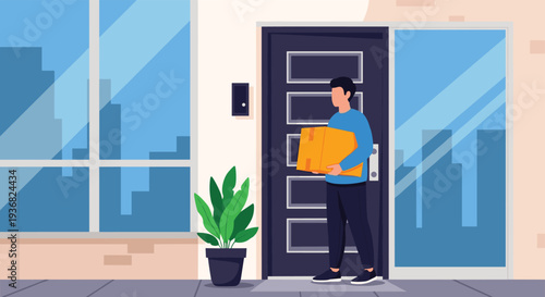 Young delivery man in a blue shirt carries a large brown cardboard package while standing outside a modern apartment building.