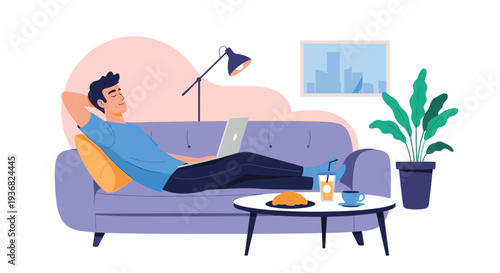 Young man relaxes on a purple sofa with a laptop while enjoying a drink and snack on the coffee table in a cozy room.