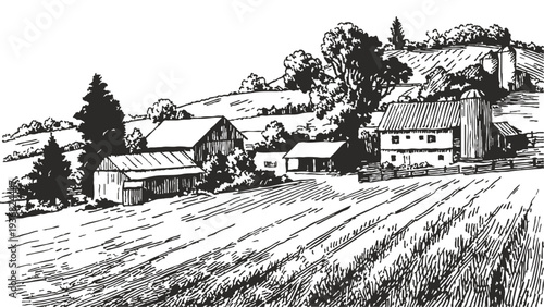 Rural farm buildings with silo rolling countryside fields. Traditional agricultural structures surrounded by cultivated land and trees. Banner for farming presentation. Pencil drawing style.