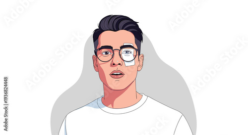 Young man wearing glasses looks directly at the camera with a small white bandage covering his left eye after an injury.