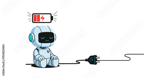 Sad little robot sits on the floor with a red low battery warning symbol above its head next to an unplugged power cable.