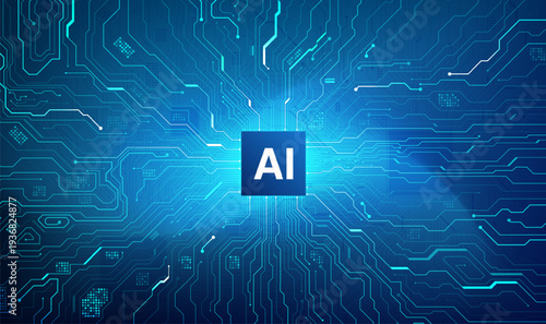 AI Processor Chip Radial Glowing Circuit Board Dark Blue Technology Background Vector
