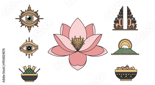 Mystical Symbols, Sacred Lotus Flower, Bali Gates, Mountain Sunrise Icons