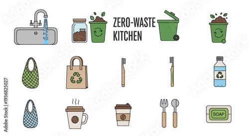 Zero Waste Kitchen Icons: Sustainable Living, Eco-Friendly Products, Reusable Items