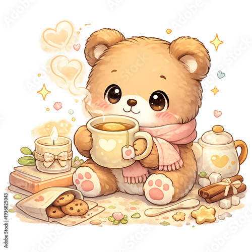 cozy tea time with a teddy bear, cute teddy bear tea party illustration, kawaii teddy bear with teacup, adorable teddy bear tea time character, chibi teddy bear tea party art, pastel cozy tea time doo