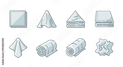 Collection of various folded and rolled towels, cloths, and fabric napkins