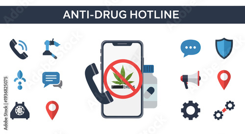Anti-Drug Hotline Concept: Phone, Marijuana Symbol, Support Icons