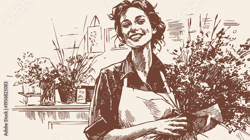 Young shop owner holding large wrapped bouquet indoors. Floral store interior with shelves and plants, banner for boutique branding. Vintage hand drawn drawing style.
