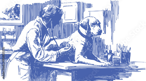 Veterinary doctor examining dog pet clinic vector. Vector pencil sketch style of vet checking animal on table. Banner for veterinary services and pet healthcare.