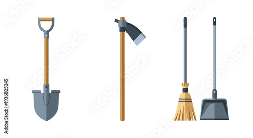 Gardening and Cleaning Tools: Shovel, Hoe, Broom, Dustpan, Isolated on White Background