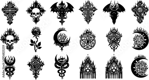 Mystic Sacred Symbol and Flame Eye Black Silhouette Vector Set