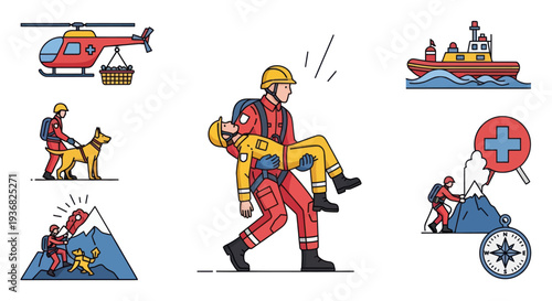 Rescue Teamwork: Helicopter, Boat, Dog, Climber, Medic Saving Person