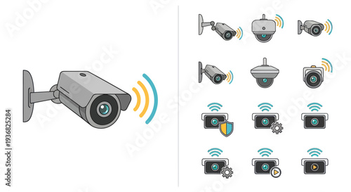 Security Camera Icons and Illustration: Surveillance Technology Collection