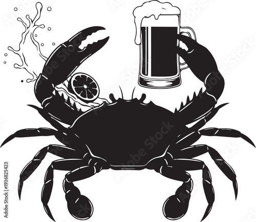 A whimsical illustration of a crab reaching for a glass of beer