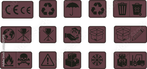 Collection of packaging and handling symbols for shipping boxes, safety instructions, recycling icons, fragile warnings, caution signs, and logistics design.